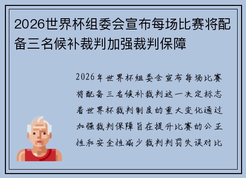 2026世界杯组委会宣布每场比赛将配备三名候补裁判加强裁判保障